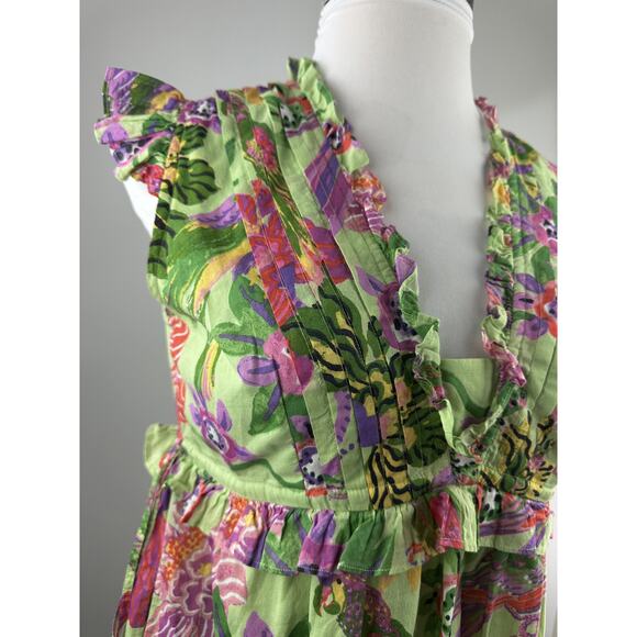 Banjanan Parrot Tropical Floral Mini Dress Ruffle Pleated Cotton Tie Green Large - Picture 3 of 16